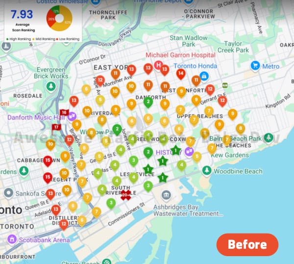 Google Maps grid ranking before ATB - average scan rank 7.93, 12 percent of grid points high ranking