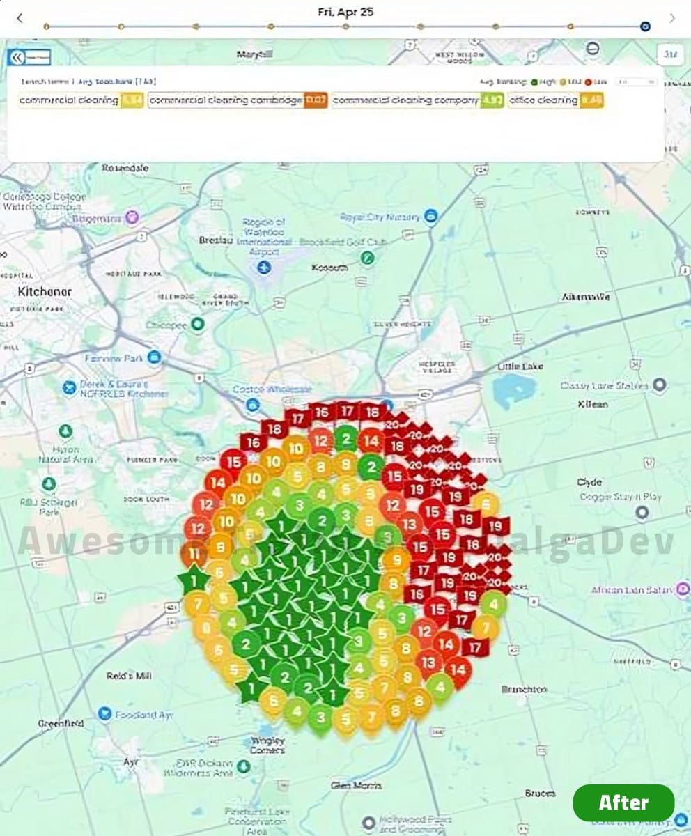 Google Maps grid after ATB - commercial cleaning keywords ranking green across the Kitchener grid