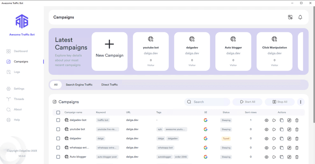Awesome Traffic Bot campaigns list with keywords, URLs, tags, status and per-campaign actions