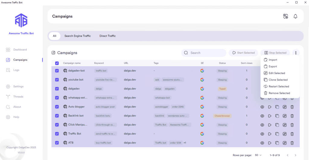 Awesome Traffic Bot campaigns with all rows selected and the bulk actions menu open