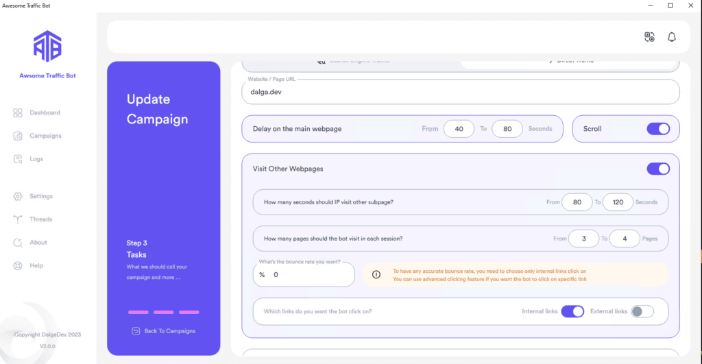 Awesome Traffic Bot task settings for delay, scrolling and visiting other subpages