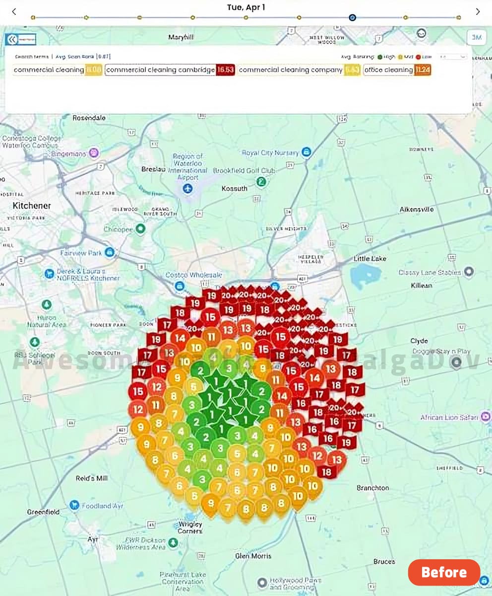 Google Maps grid before ATB - commercial cleaning keywords mostly red across the Kitchener grid