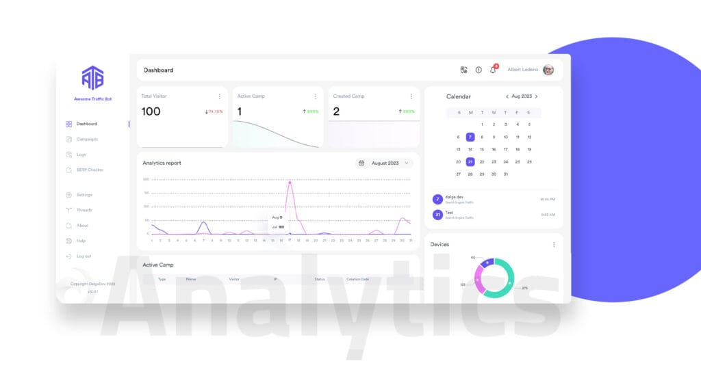 Reports and analytics dashboard in Awesome Traffic Bot 2.0