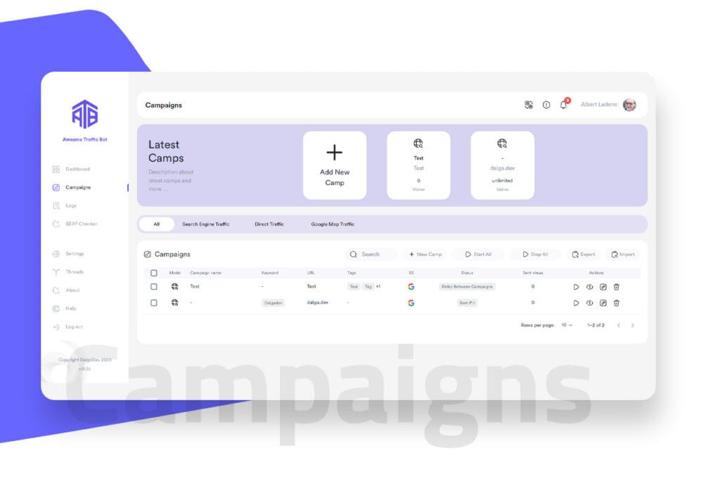 Independent campaigns in Awesome Traffic Bot 2.0