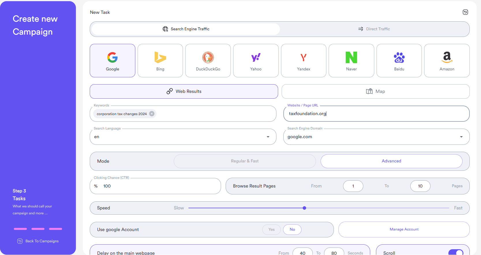Task settings for a Google News campaign in Awesome Traffic Bot
