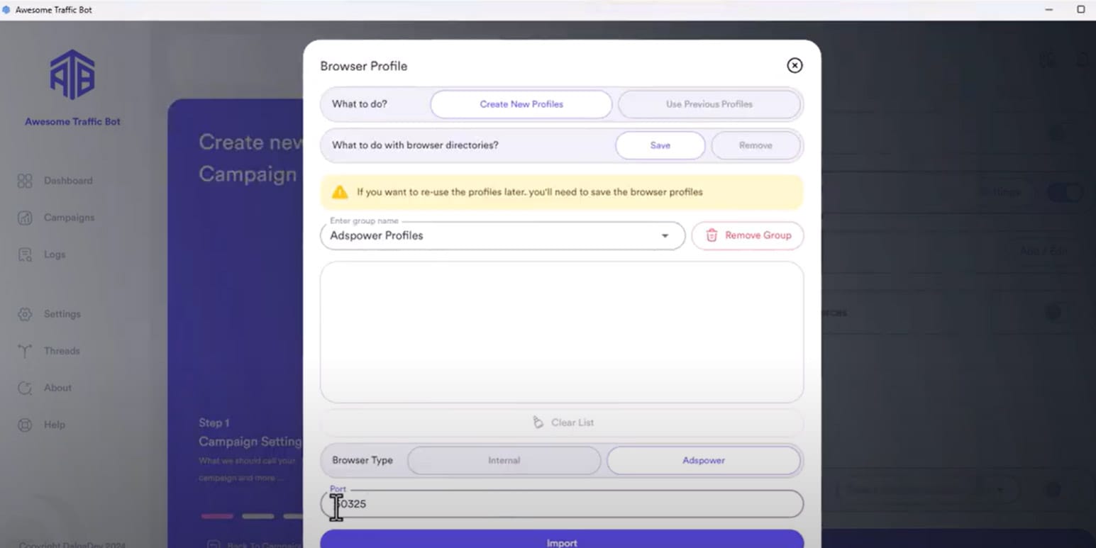 Specifying API in browser profile in ATB settings