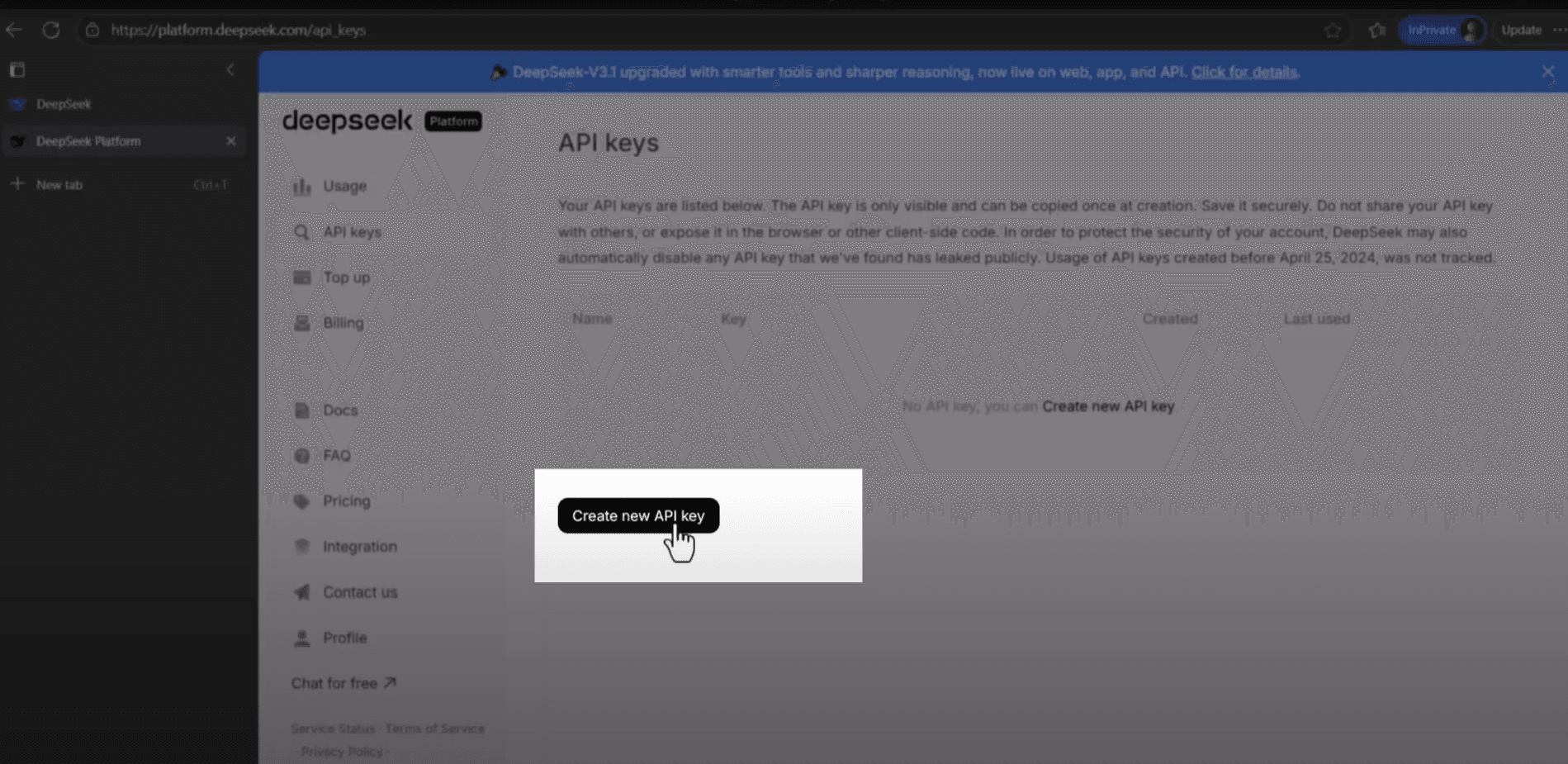 Create a new API in DeepSeek
