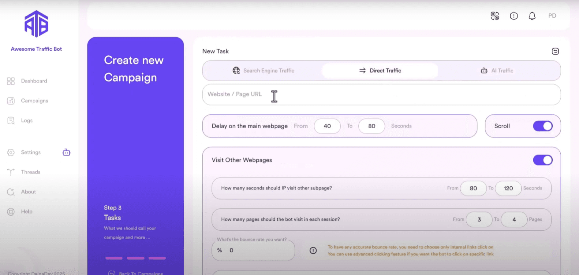 Enabling AI mode before writing the AI prompt in Awesome Traffic Bot