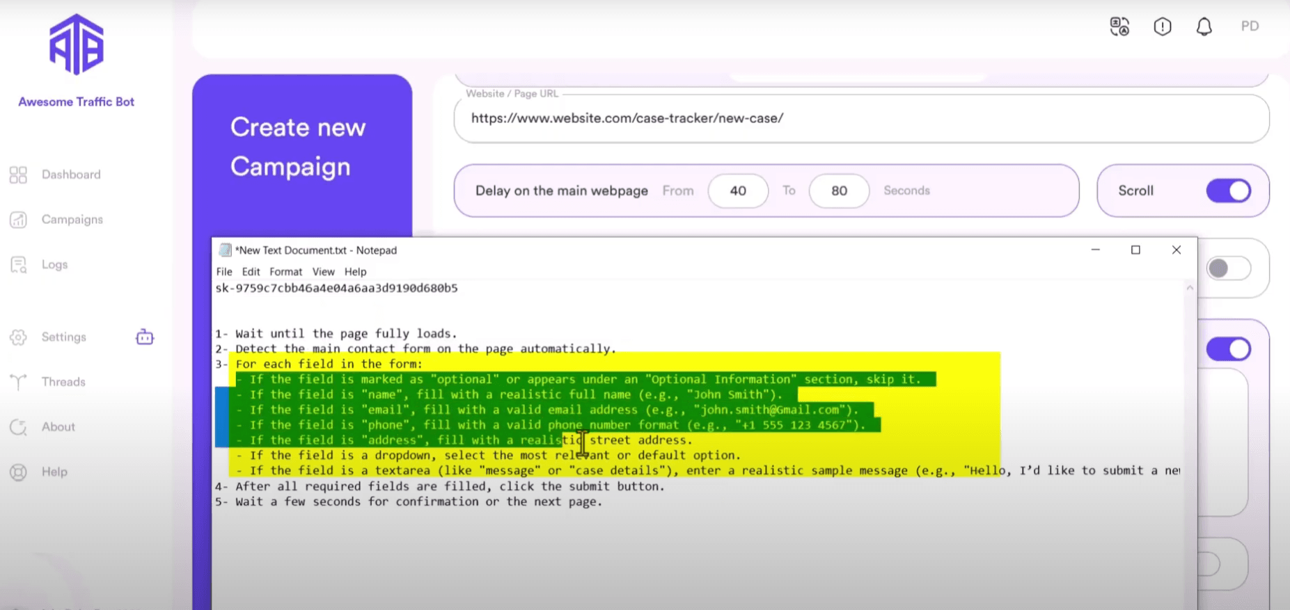 AI prompt box in an Awesome Traffic Bot campaign