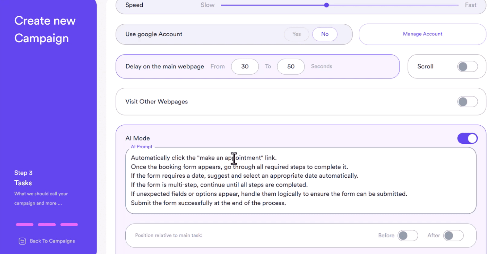 Example AI prompt for a traffic bot campaign in ATB