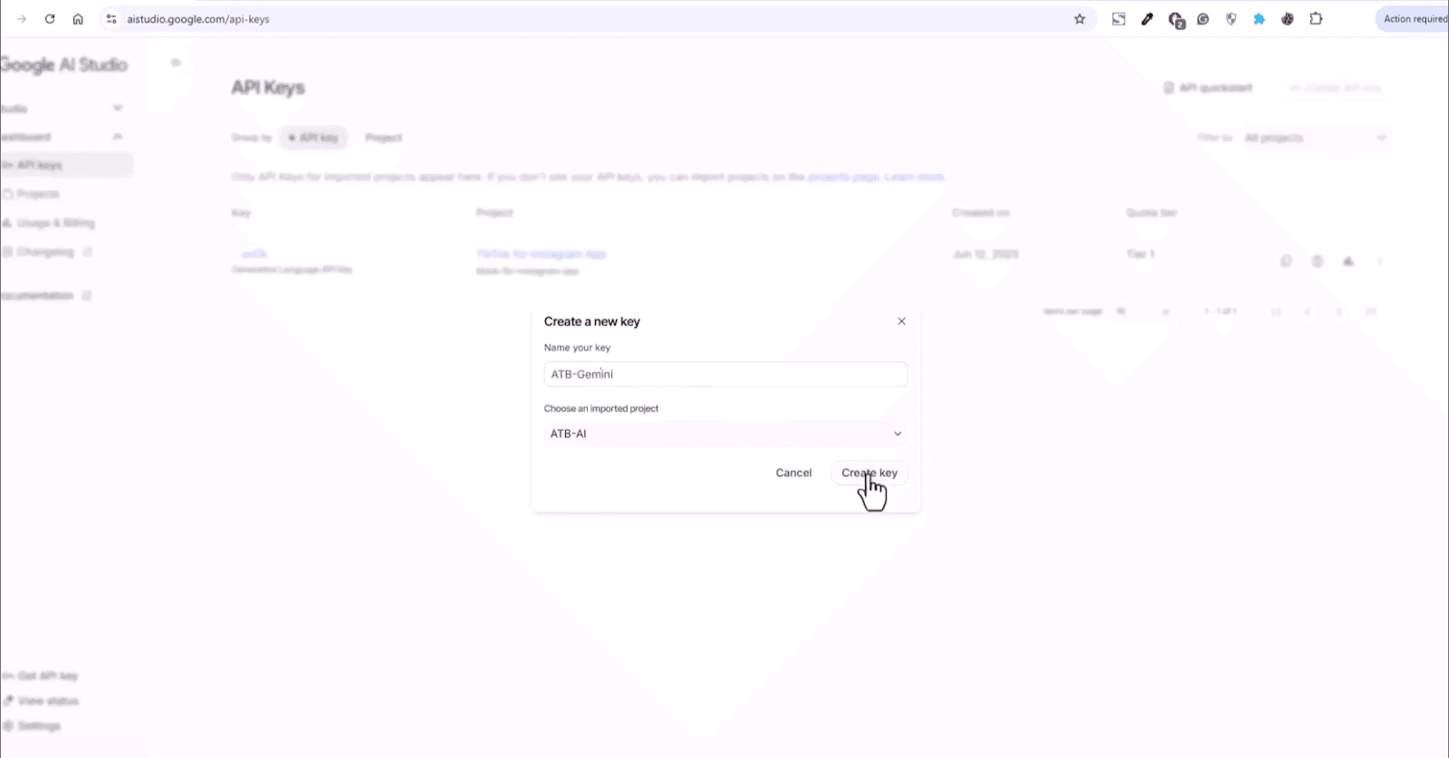 Create a new API key in Gemini