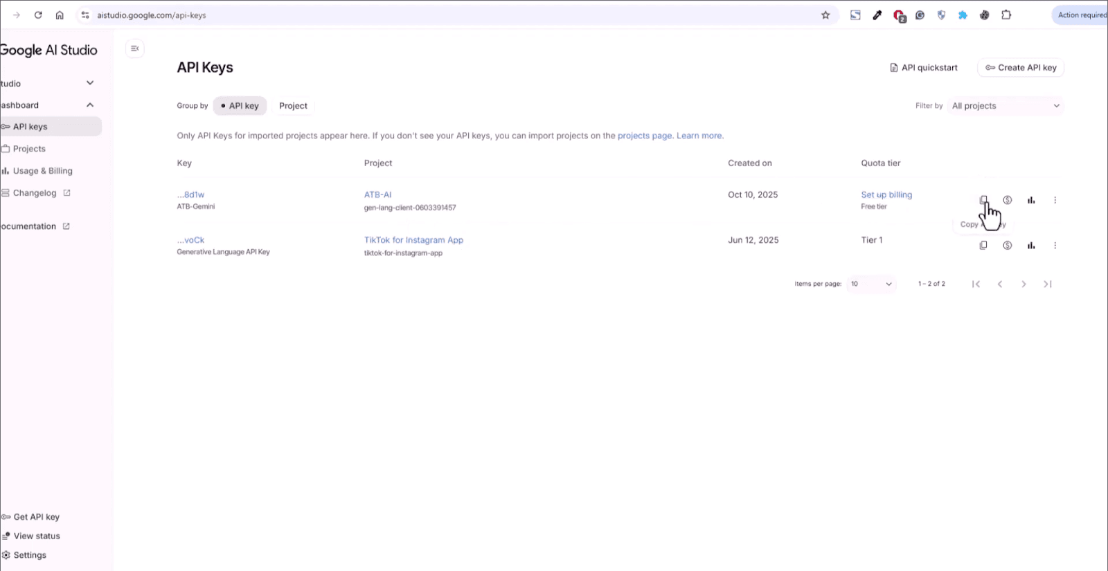 Create a new API key in Gemini