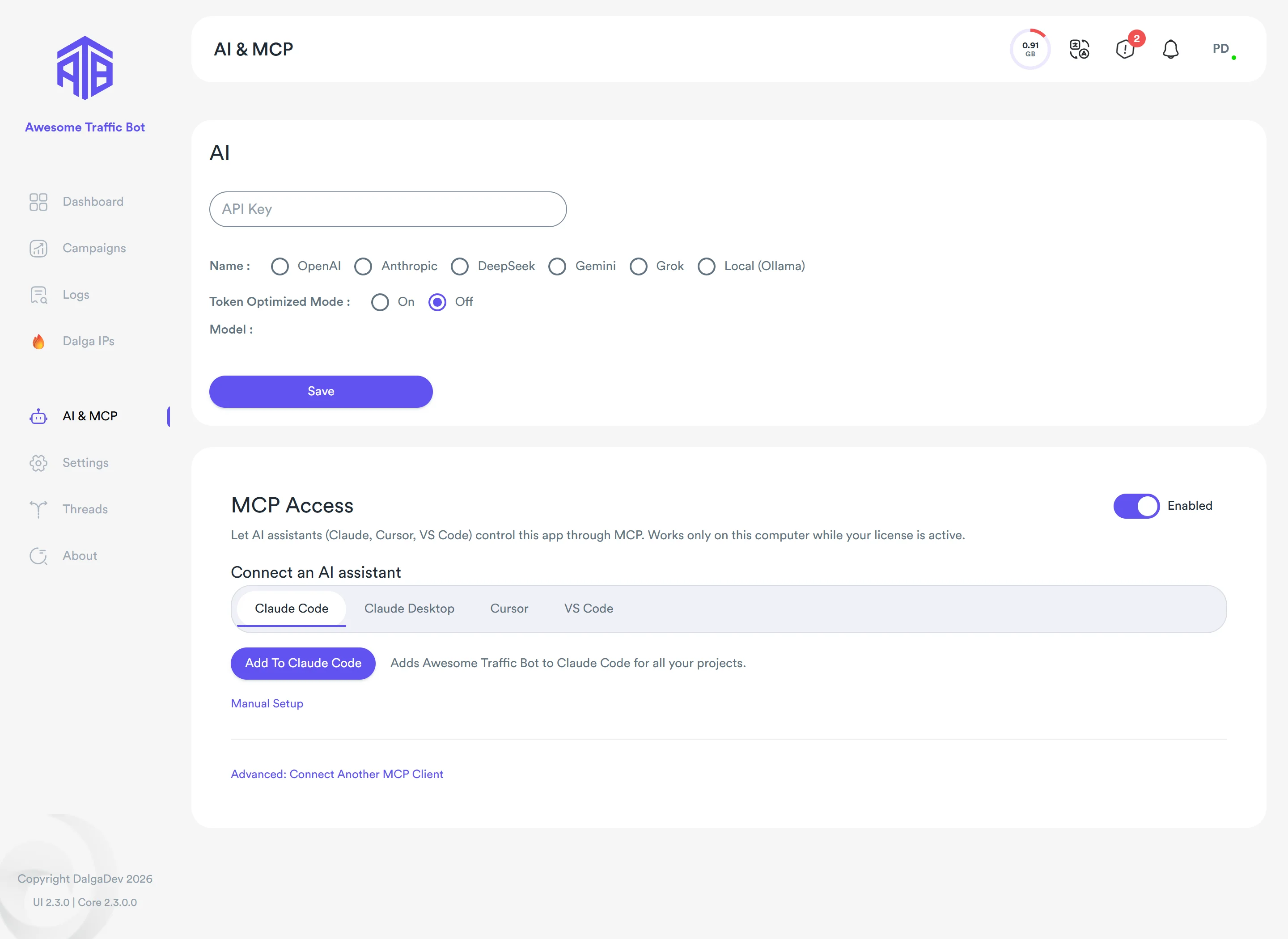 AI & MCP tab in Awesome Traffic Bot 2.3 with MCP Access enabled and the Add To Claude Code button