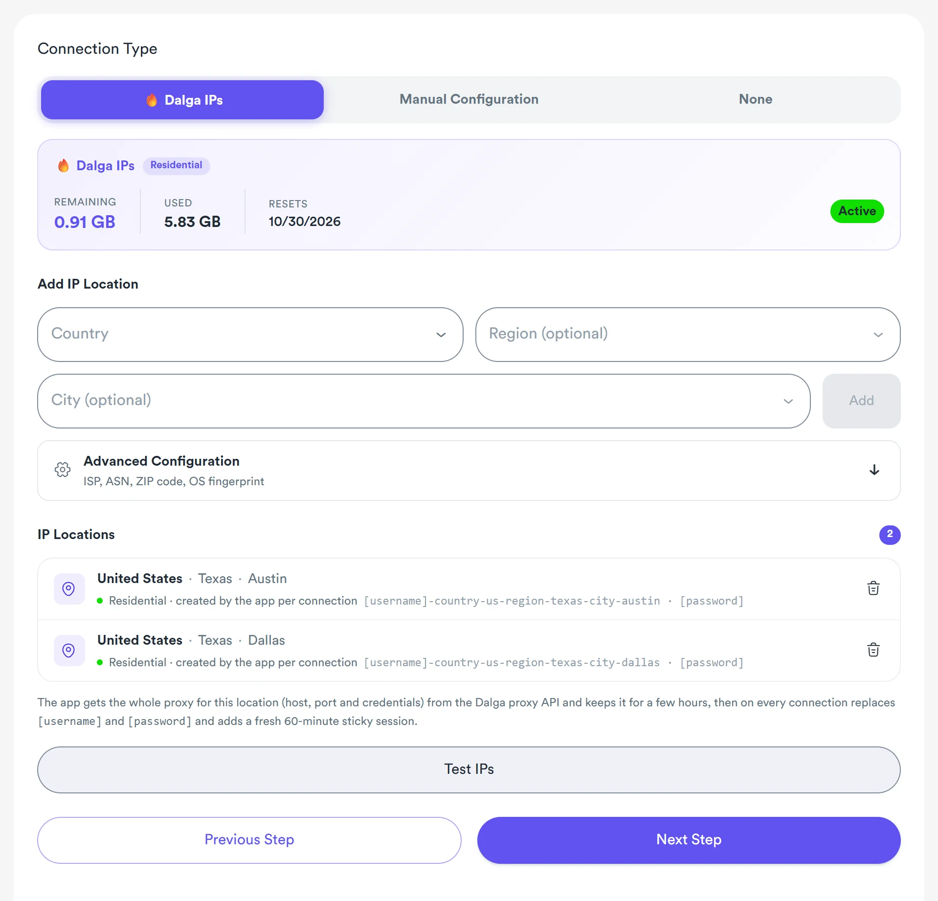 Dalga IPs built into an Awesome Traffic Bot 2.3 campaign with Austin and Dallas locations and Advanced Configuration