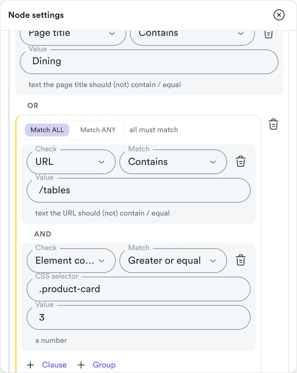 If node conditions in the Awesome Traffic Bot 2.3 flow editor combining a page title check with a URL and element count group