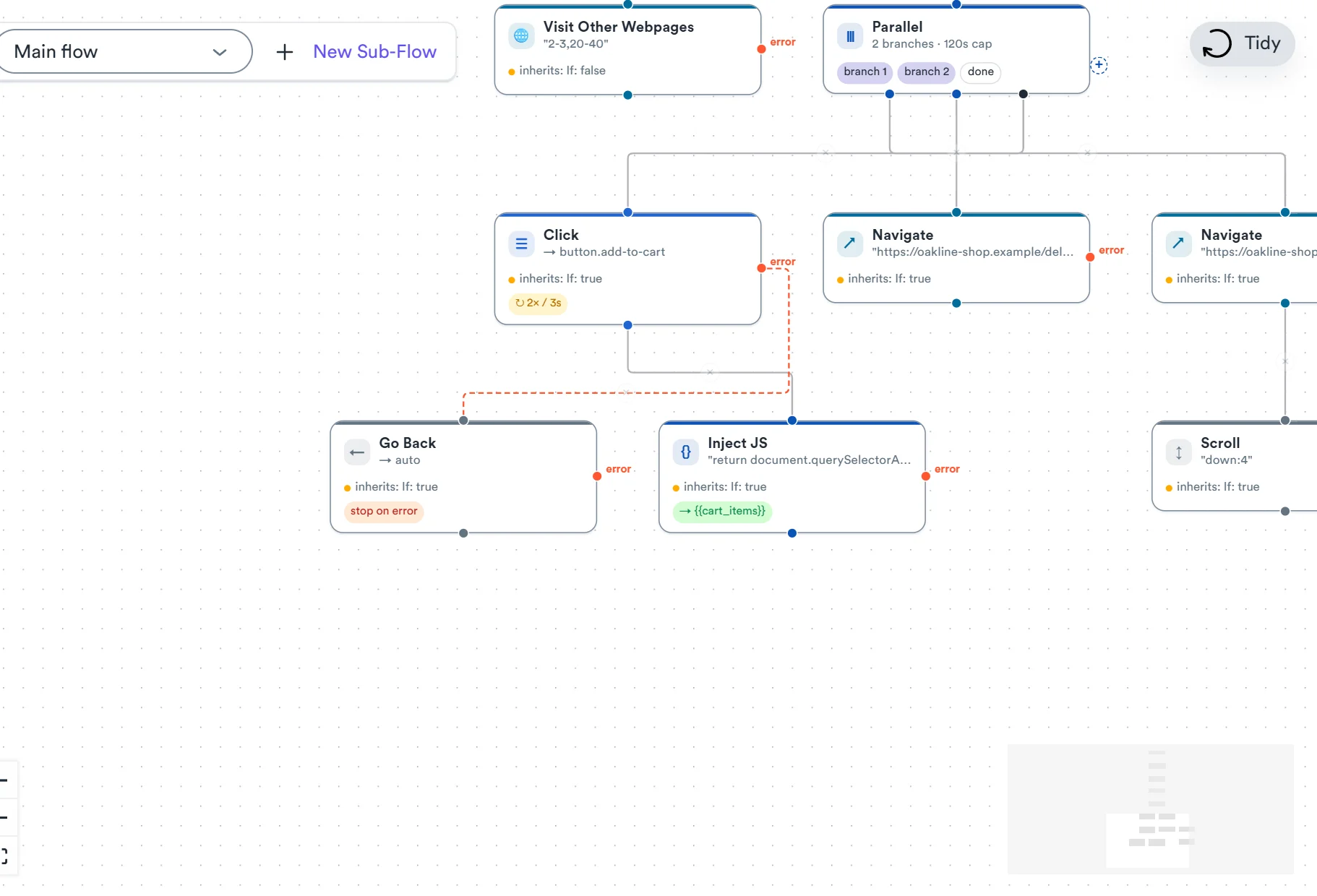 Click step with retries and a red error branch to Go Back in the Awesome Traffic Bot 2.3 flow editor