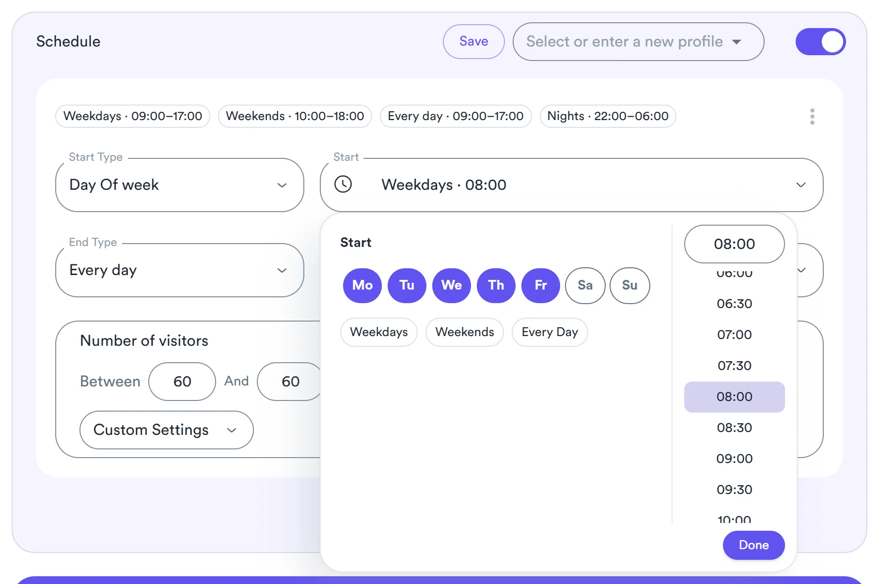 Schedule window set to Monday to Friday at 08:00 in Awesome Traffic Bot 2.3 with the template chips