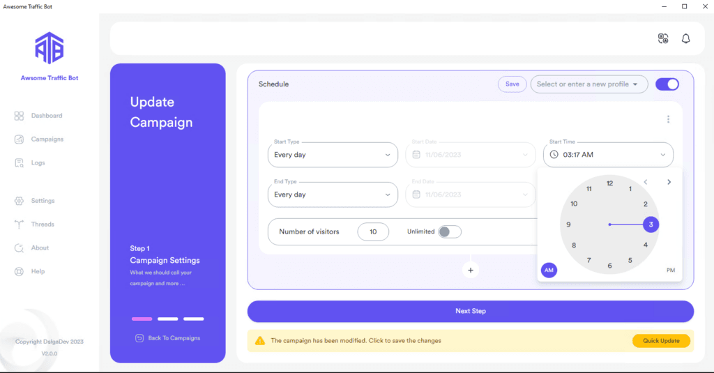 Awesome Traffic Bot campaign scheduling with start and end times and visitor counts