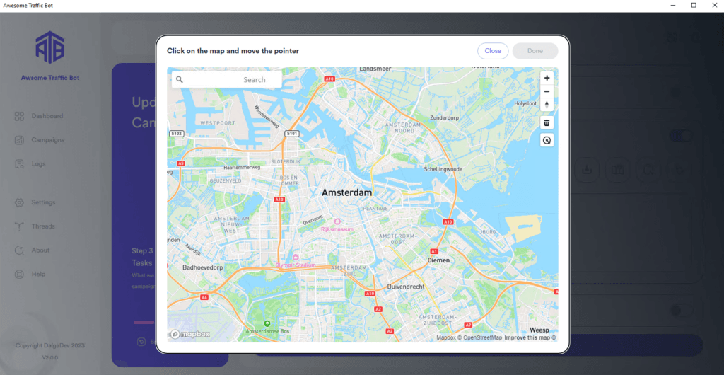 Awesome Traffic Bot GPS simulation with an interactive map to pick a target location