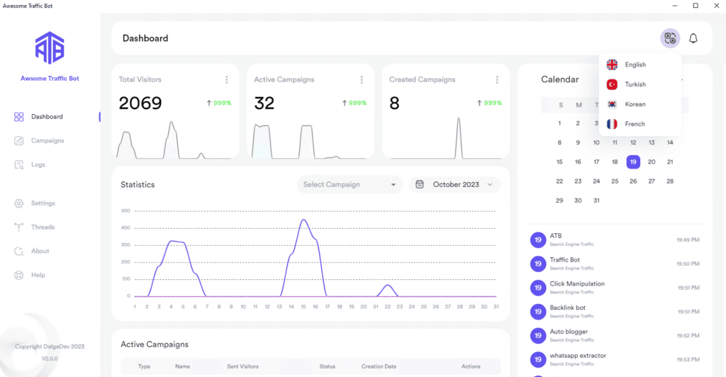 Awesome Traffic Bot dashboard showing total visitors, active campaigns, a statistics chart and calendar