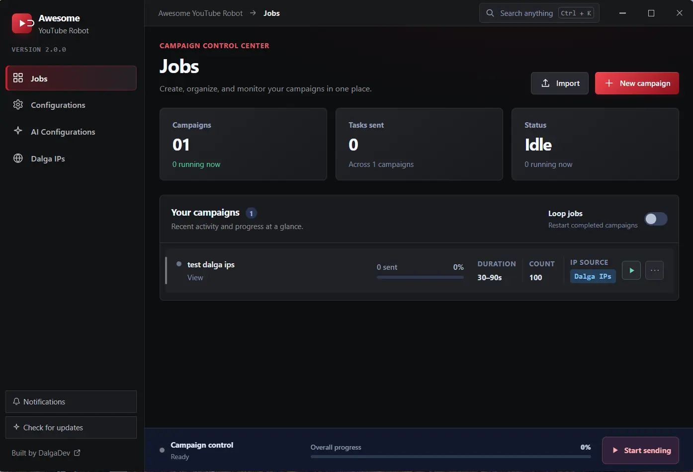 Awesome YouTube Bot 2.0 Jobs dashboard: campaign control center showing campaigns, tasks sent, status and per-campaign progress