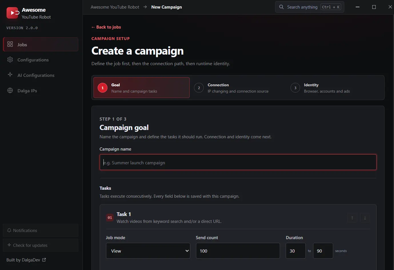 Awesome YouTube Bot campaign setup step 1: campaign goal with task list, job mode, send count and duration range