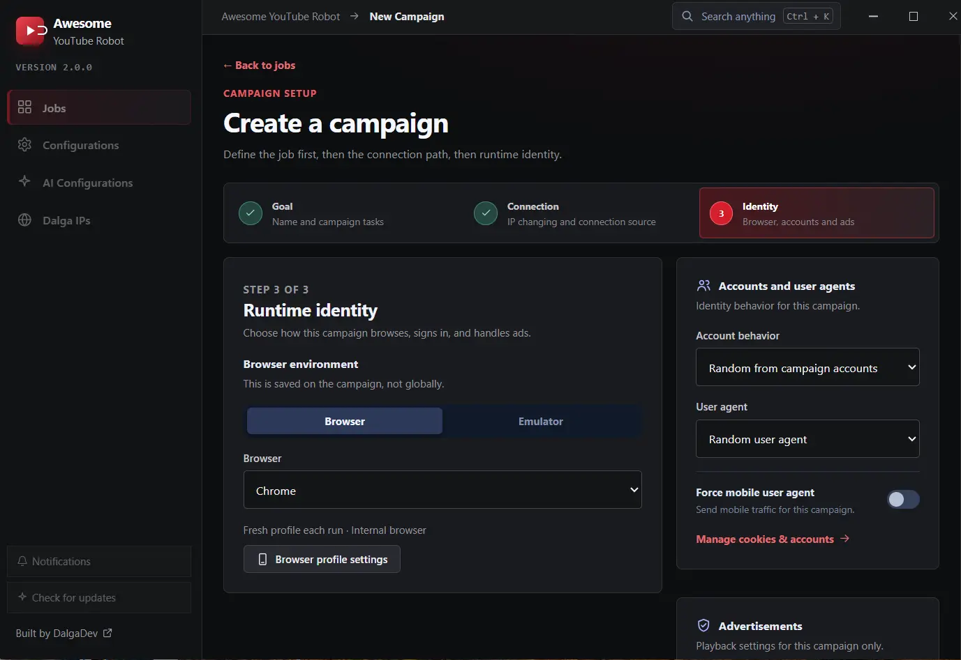 Awesome YouTube Bot campaign setup step 3: runtime identity with browser environment, account behavior and user agent settings