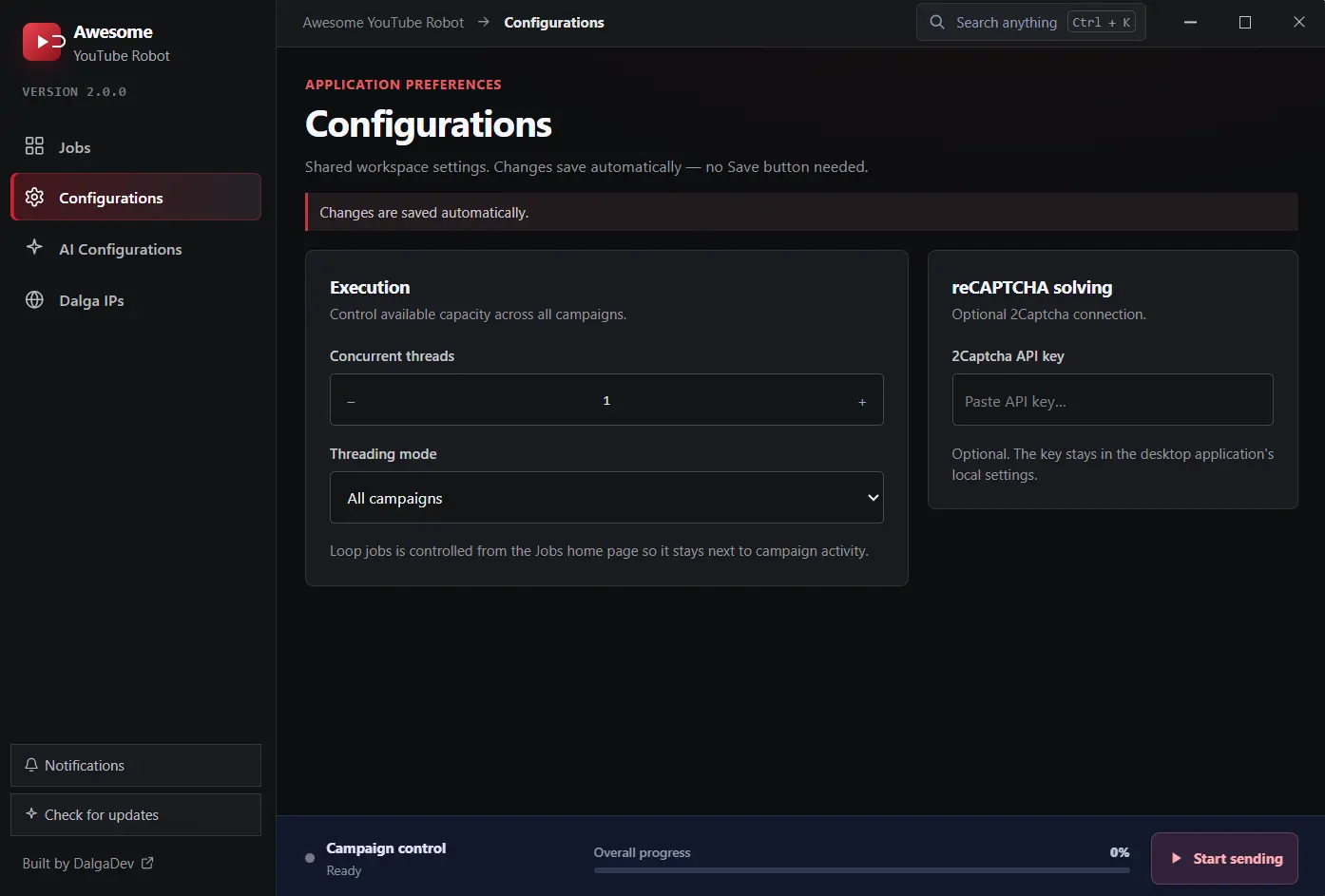 Awesome YouTube Bot configurations screen: concurrent threads, threading mode and optional 2Captcha API key