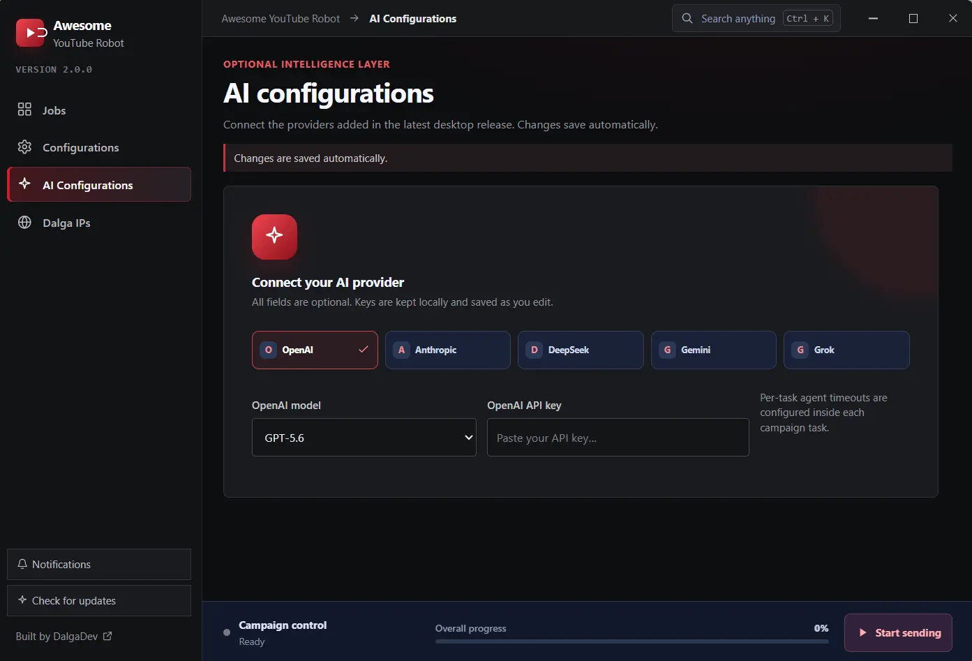 Awesome YouTube Bot AI configurations: connect OpenAI, Anthropic, DeepSeek, Gemini or Grok provider keys