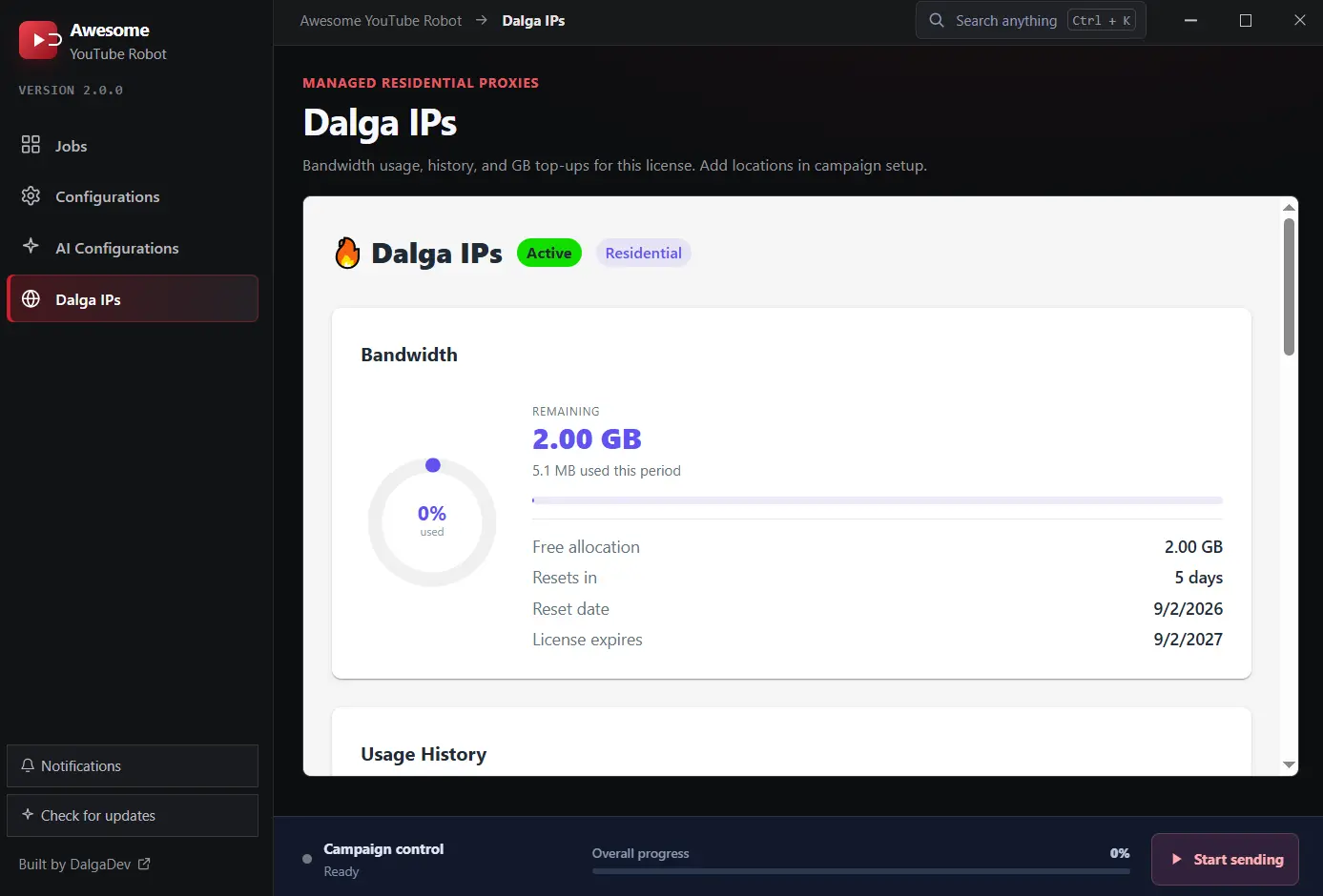 Awesome YouTube Bot Dalga IPs screen: residential proxy bandwidth remaining, usage history and license expiry