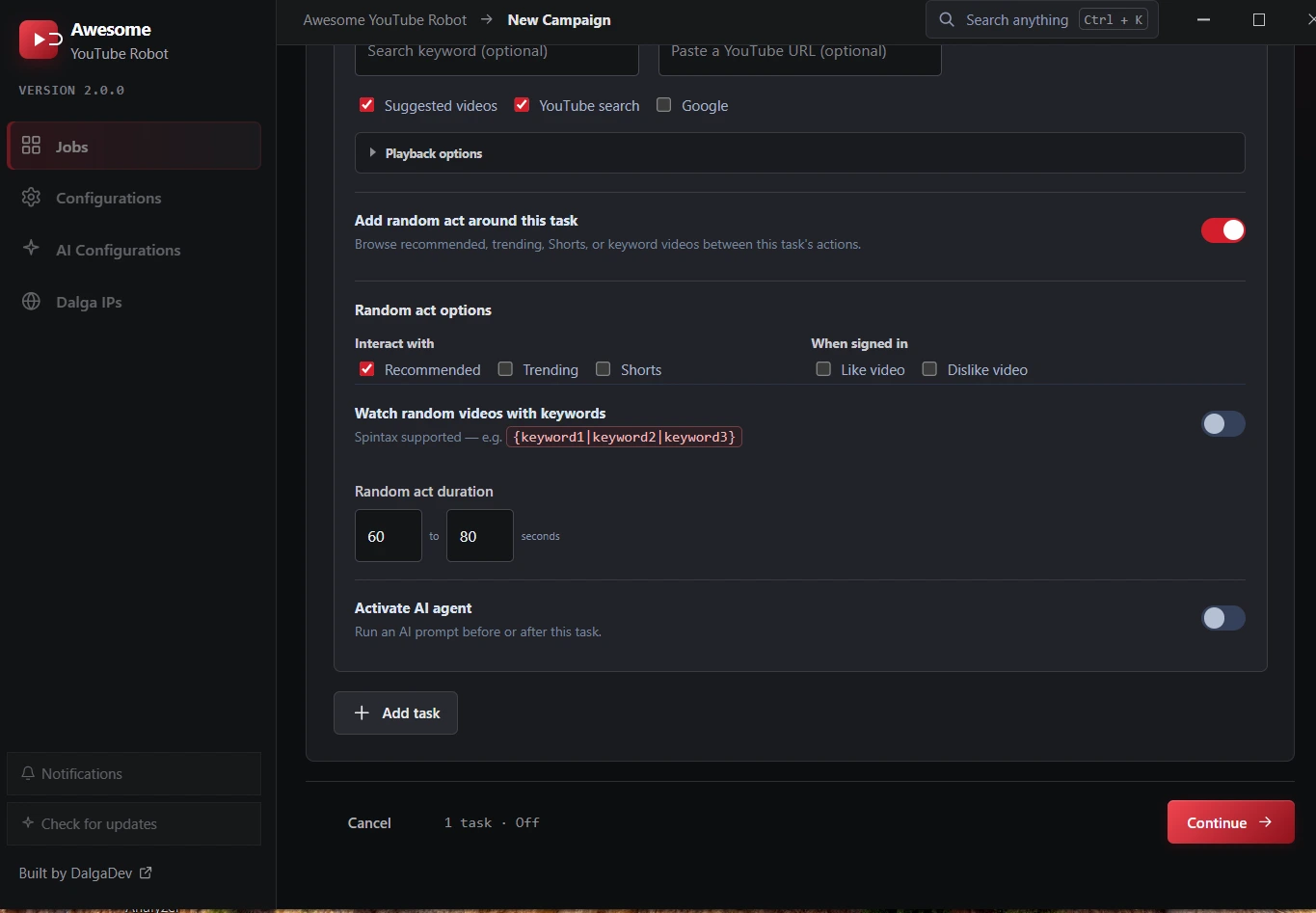 Awesome YouTube Bot Random Act options: recommended, trending and Shorts browsing with spintax keywords and duration range