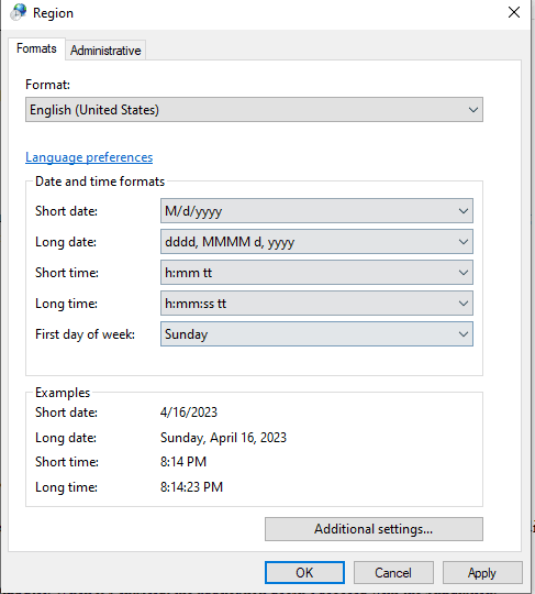 control panel region settings