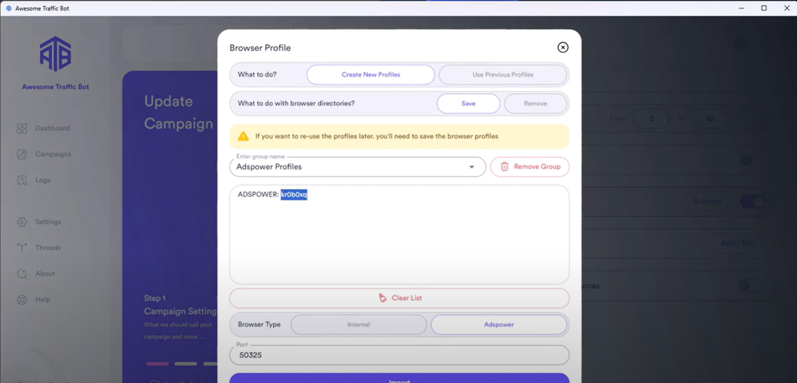 View browser profile settings in CTR bot