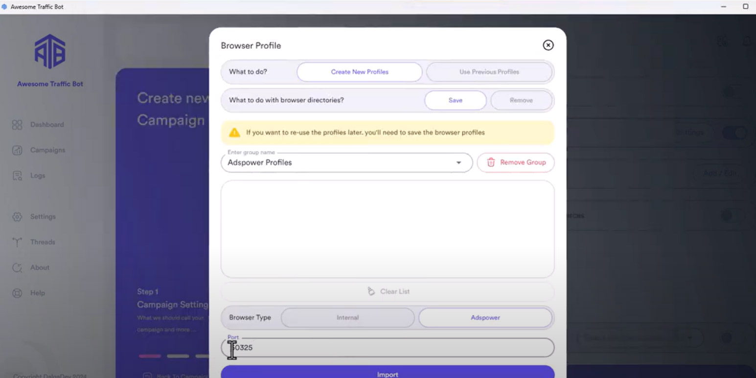 Specifying API in browser profile in ATB settings
