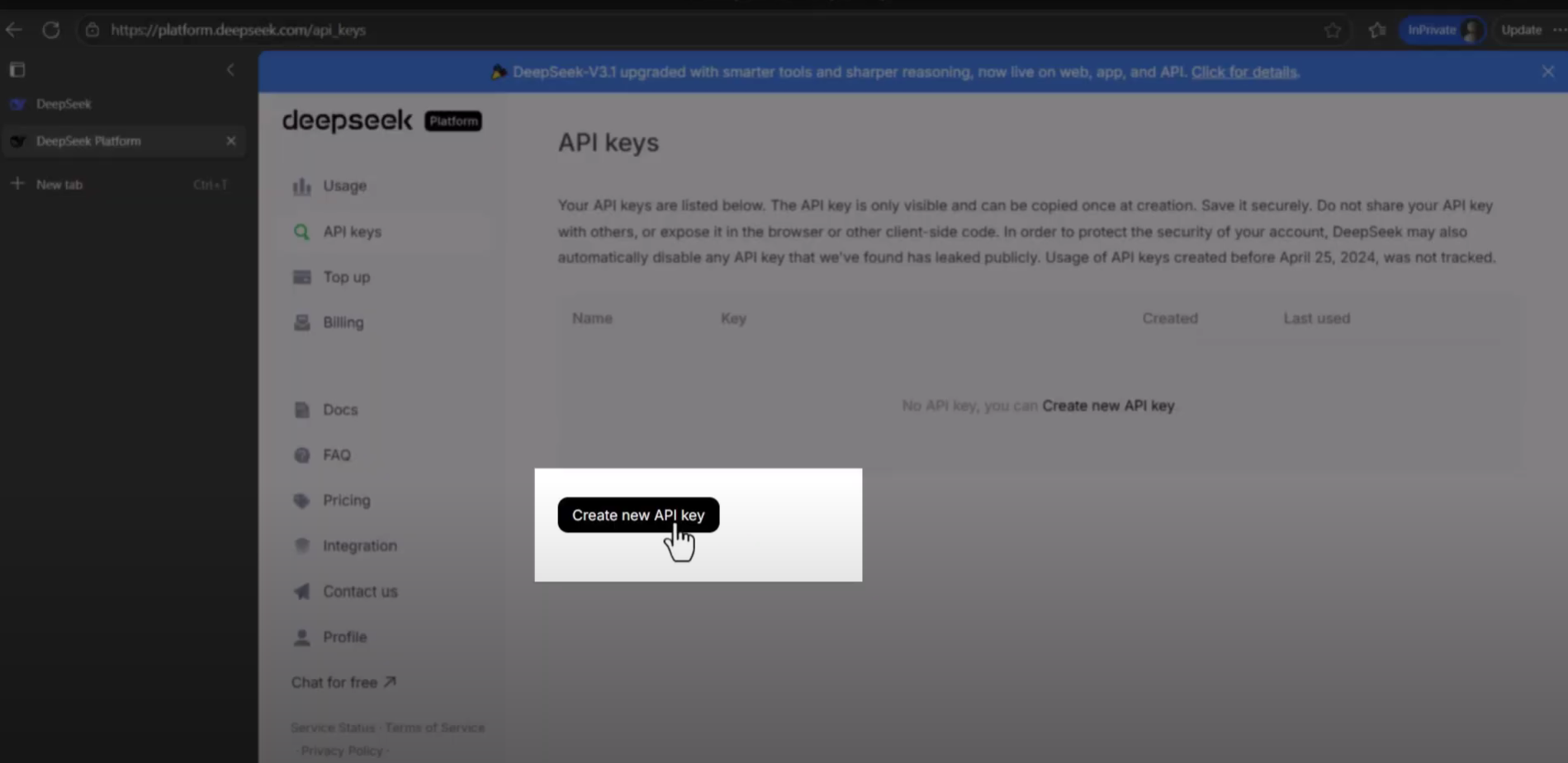 Create a new API in DeepSeek