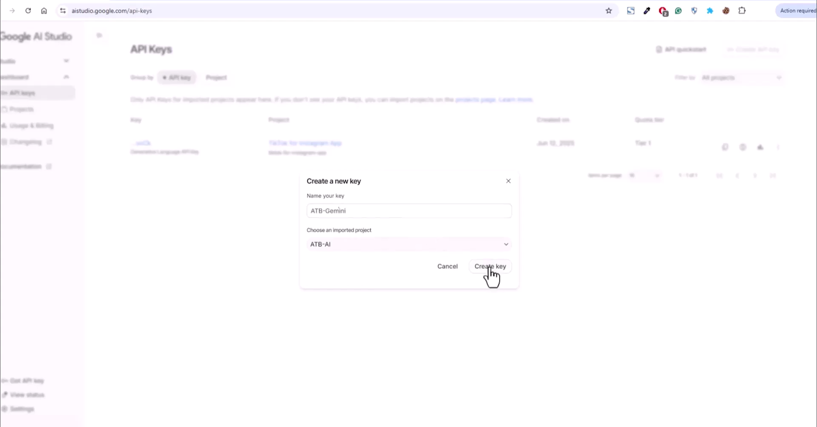 Create a new API key in Gemini