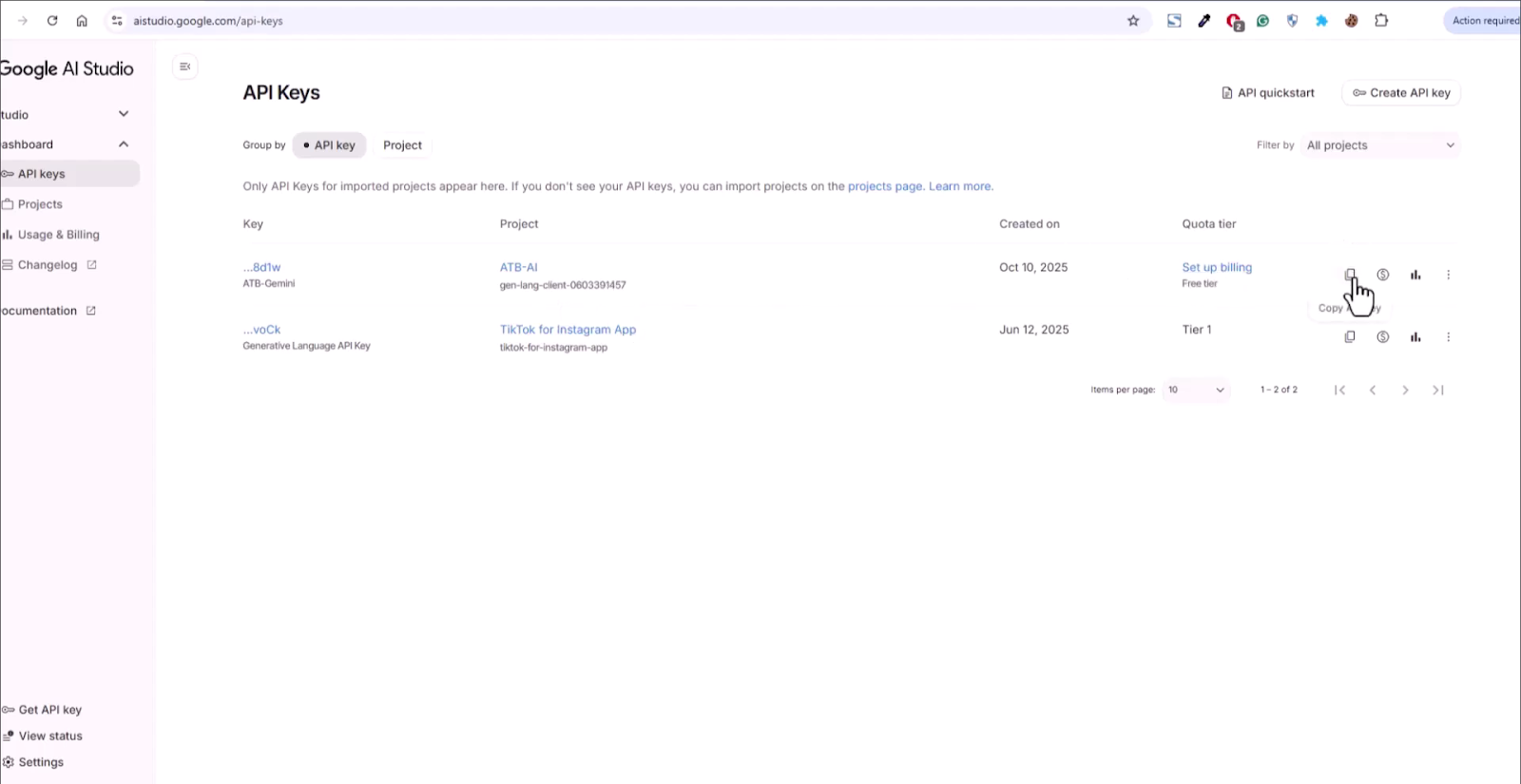 Create a new API key in Gemini