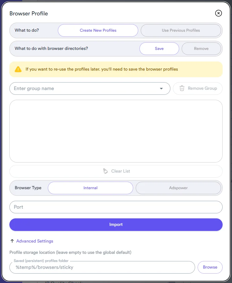 Awesome Traffic Bot 2.2 browser profile dialog with the per-campaign profile storage location under Advanced Settings