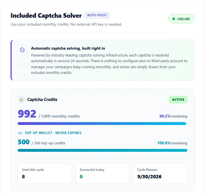 Awesome Traffic Bot 2.2 included captcha solver panel with monthly credits and top-up wallet