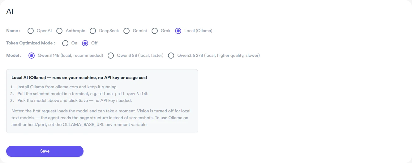 Awesome Traffic Bot 2.2 AI settings with Local (Ollama) provider and Qwen3 models selected