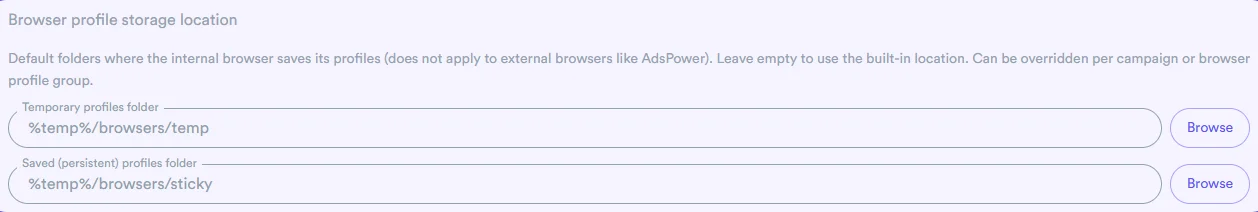 Awesome Traffic Bot 2.2 browser profile storage location settings with temporary and persistent folders
