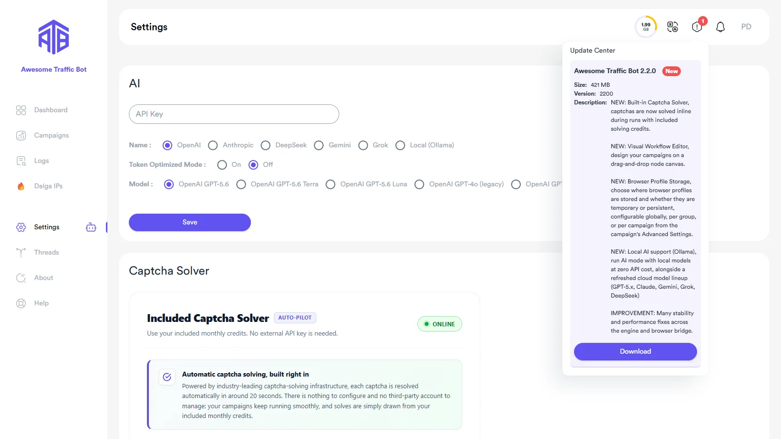 Awesome Traffic Bot 2.2 update center showing the 2.2.0 release notes inside the app