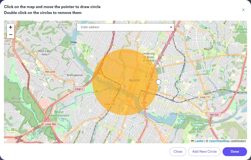 The map selector in Awesome Traffic Bot with a radius circle drawn over central Austin