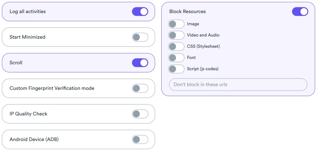 Block Resources options in Awesome Traffic Bot campaign settings: image, video and audio, CSS, font, script, and a do-not-block list
