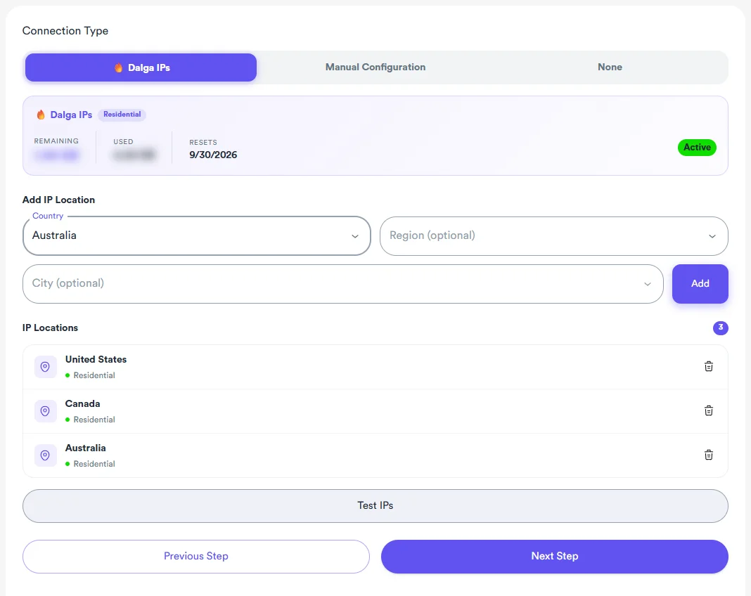 Traffic bot with residential IPs: several IP locations added to one campaign so the bot rotates among countries