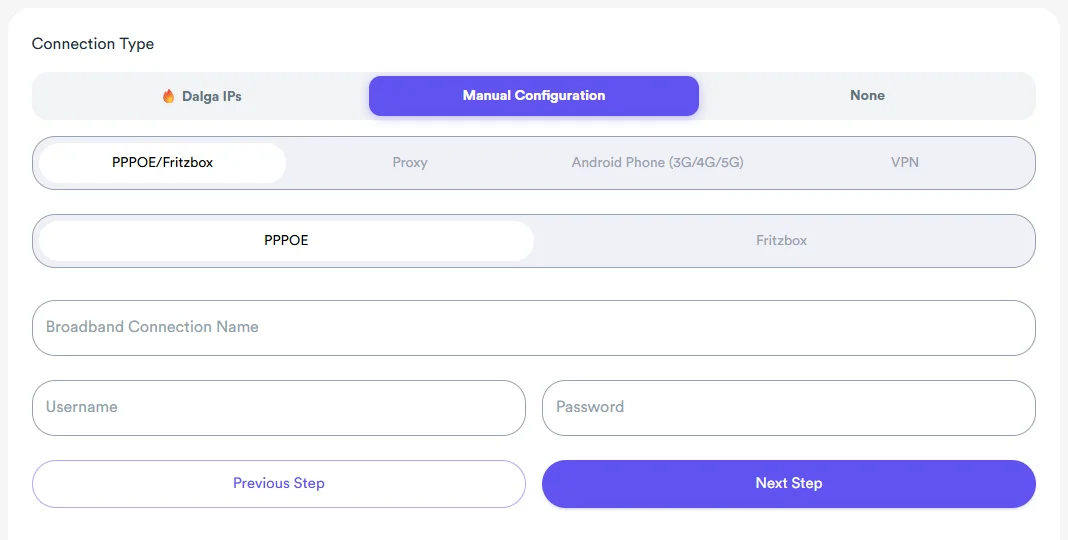 Manual Configuration in Awesome Traffic Bot with PPPoE/Fritzbox, Proxy, Android Phone and VPN options next to Dalga IPs