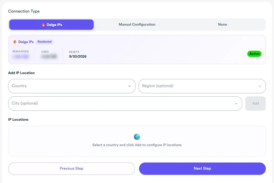 Traffic bot with residential IPs built in: step 2 of the Awesome Traffic Bot wizard with Dalga IPs selected and the country picker